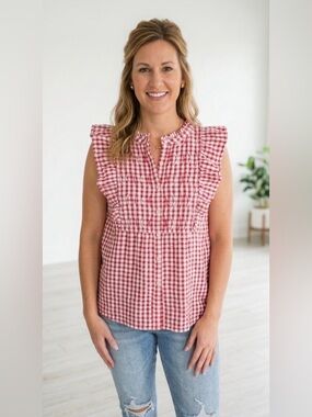 LOFT Gingham Ruffle-Sleeve Top